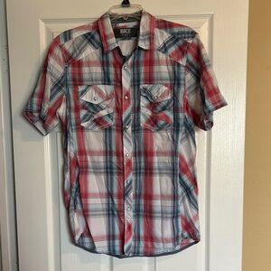 BKE men’s white plaid standard fit short sleeve pearl snap shirt size medium